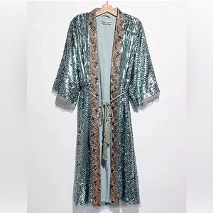 NWT Free People Light Is Coming blue and green sequin robe/duster with belt
